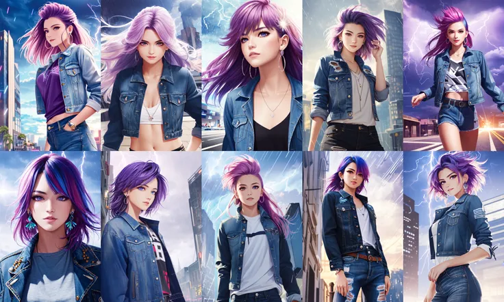 digidsk1, (masterpiece, best quality, best illustration, ultra-detailed, highres, absurdres),1girl, solo, rainbow hair , multicolored hair, two tone hair, ((purple eyes)), blue shirt, ripped denim jacket, open jacket, denim jeans, silver earrings, long hair, large breasts, depth_of_field, very detailed background, extreme light and shadow,(detailed eyes), (detailed skin), sexy, lustrous skin,(bloom), (shine), (detailed fabric), (beautiful) beautiful detailed eyes, city background, thunderstorm, lightning storm, thunderbolts, ((80s punk style)), lens flare,storm:1.2, perfect lighting , perfect anatomy, dynamic angle, pov, digidsk1
