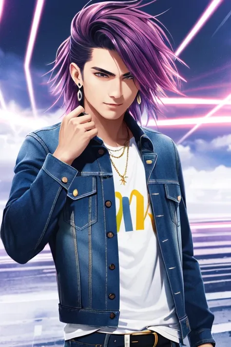 digidsk1, (masterpiece, best quality, best illustration, ultra-detailed, highres, absurdres), 1boy, male focus, solo, purple eyes, rainbow hair , multicolored hair, two tone hair, blue shirt, ripped denim jacket, open jacket, denim jeans, silver earrings, long hair,  depth_of_field, very detailed background, extreme light and shadow,(detailed eyes), (detailed skin), sexy, lustrous skin,(bloom), (shine), (detailed fabric), (beautiful) beautiful detailed eyes, city background, thunderstorm, lightning storm, thunderbolts, ((80s punk style)), lens flare,storm:1.2, perfect lighting , perfect anatomy, dynamic angle, pov, digidsk1