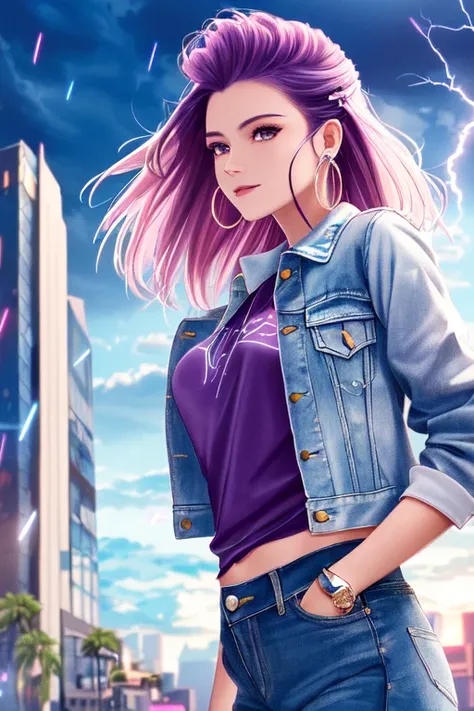 digidsk1, (masterpiece, best quality, best illustration, ultra-detailed, highres, absurdres),1girl, solo, rainbow hair , multicolored hair, two tone hair, ((purple eyes)), blue shirt, ripped denim jacket, open jacket, denim jeans, silver earrings, long hair, large breasts, depth_of_field, very detailed background, extreme light and shadow,(detailed eyes), (detailed skin), sexy, lustrous skin,(bloom), (shine), (detailed fabric), (beautiful) beautiful detailed eyes, city background, thunderstorm, lightning storm, thunderbolts, ((80s punk style)), lens flare,storm:1.2, perfect lighting , perfect anatomy, dynamic angle, pov, digidsk1