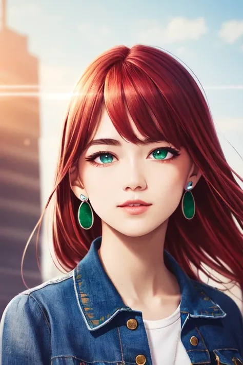 digidsk1, (masterpiece, best quality, ultra-detailed, highres),1girl, solo, ((red hair)), ((green eyes)), blue tshirt, denim jacket, open jacket, silver earrings, long_hair, depth_of_field, very detailed background, extreme light and shadow,(detailed eyes), (detailed skin), sexy, lustrous skin,(bloom), (shine), (detailed fabric), (beautiful) beautiful detailed eyes, city background, (emo punk style), lens flare, summer:1.2, perfect lighting , perfect anatomy, upper body, dynamic angle, pov, digidsk1