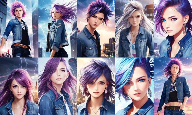 digidsk1, (masterpiece, best quality, best illustration, ultra-detailed, highres, absurdres), 1boy, male focus, solo, purple eyes, rainbow hair , multicolored hair, two tone hair, blue shirt, ripped denim jacket, open jacket, denim jeans, silver earrings, long hair,  depth_of_field, very detailed background, extreme light and shadow,(detailed eyes), (detailed skin), sexy, lustrous skin,(bloom), (shine), (detailed fabric), (beautiful) beautiful detailed eyes, city background, thunderstorm, lightning storm, thunderbolts, ((80s punk style)), lens flare,storm:1.2, perfect lighting , perfect anatomy, dynamic angle, pov, digidsk1