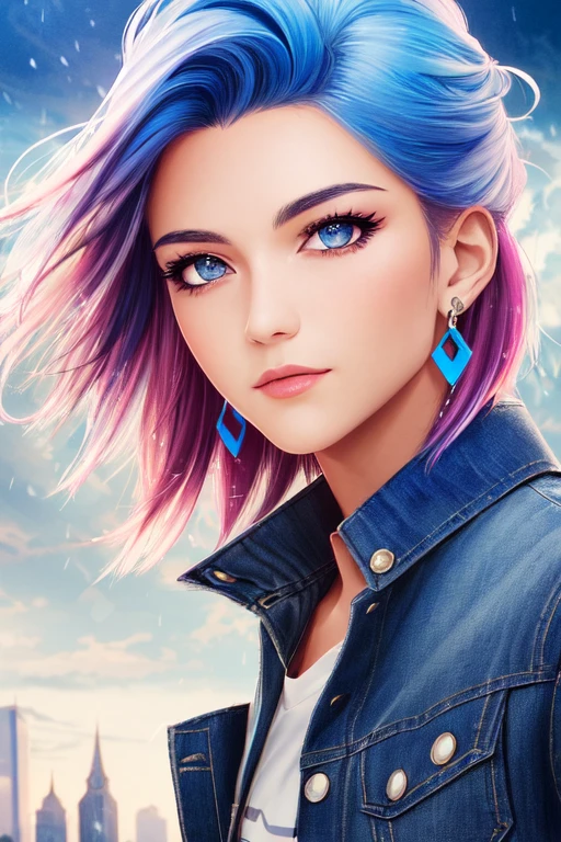 digidsk1, (masterpiece, best quality, best illustration, ultra-detailed, highres, absurdres), 1boy, male focus, solo, purple eyes, rainbow hair , multicolored hair, two tone hair, blue shirt, ripped denim jacket, open jacket, denim jeans, silver earrings, long hair, depth_of_field, very detailed background, extreme light and shadow,(detailed eyes), (detailed skin), sexy, lustrous skin,(bloom), (shine), (detailed fabric), (beautiful) beautiful detailed eyes, city background, thunderstorm, lightning storm, thunderbolts, ((80s punk style)), lens flare,storm:1.2, perfect lighting , perfect anatomy, dynamic angle, pov, digidsk1