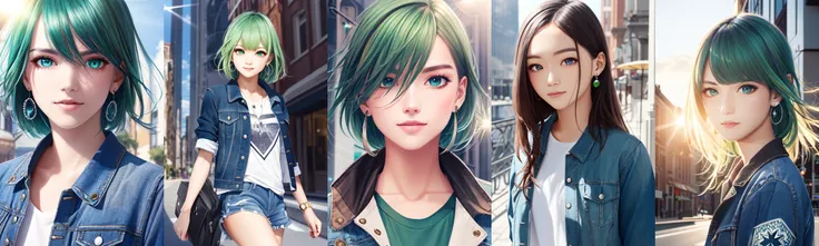 digidsk1, (masterpiece, best quality, ultra-detailed, highres, absurdres),1girl, solo, green hair , ((green eyes)), blue tshirt, denim jacket, open jacket, silver earrings, long_hair, depth_of_field, very detailed background, extreme light and shadow,(detailed eyes), (detailed skin), sexy, lustrous skin,(bloom), (shine), (detailed fabric), (beautiful) beautiful detailed eyes, city background, (emo punk style), lens flare, summer:1.2, perfect lighting , perfect anatomy, upper body, dynamic angle, pov, digidsk1