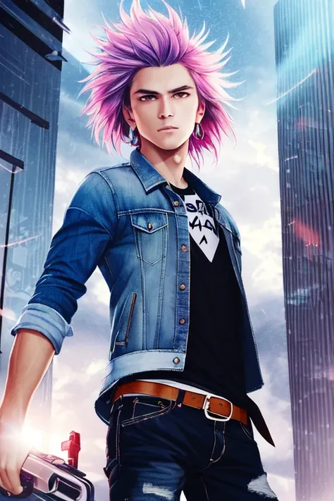 digidsk1, (masterpiece, best quality, best illustration, ultra-detailed, highres, absurdres), 1boy, male focus, solo, purple eyes, rainbow hair , multicolored hair, two tone hair, blue shirt, ripped denim jacket, open jacket, denim jeans, silver earrings, long hair,  depth_of_field, very detailed background, extreme light and shadow,(detailed eyes), (detailed skin), sexy, lustrous skin,(bloom), (shine), (detailed fabric), (beautiful) beautiful detailed eyes, city background, thunderstorm, lightning storm, thunderbolts, ((80s punk style)), lens flare,storm:1.2, perfect lighting , perfect anatomy, dynamic angle, pov, digidsk1