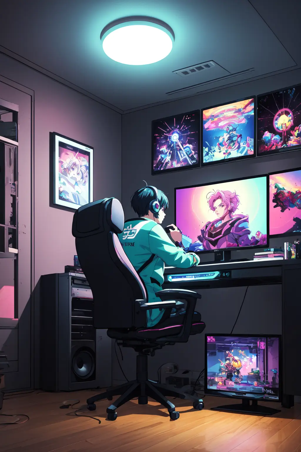(masterpiece), (best illustration),(no humans), anime background, gaming bedroom, television with large computer, ring lighting , rim lighting,(extremely detailed CG unity 8k wallpaper),(masterpiece), (best quality), (vaporwave style), (ultra-detailed), (best illustration),(best shadow),perfect lighting , perfect anatomy , vivid colors,