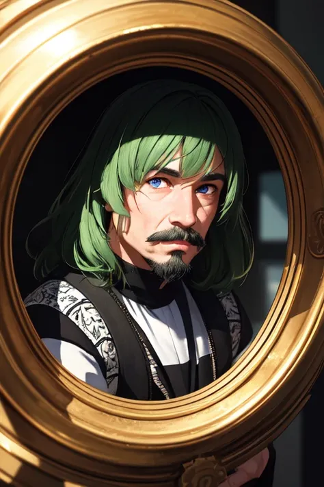 lisdusk2, (masterpiece, best quality, ultra-detailed, highres),  sidelighting, (bloom), (shine), lighting, ray tracing, sci-fi, solo, 1boy, male focus, facial hair, blue eyes, solo, realistic, green hair, looking at viewer, beard, blurry, lips, mustache, depth_of_field,very detailed background, highly detailed background, Masterpiece, Ultra detailed, great composition,Dynamic angle,[Bottle bottom],(wide shot),(Highest picture quality), (Master's work),   depth of field, solo, extreme light and shadow, masterpiece, rich in detail, (fine features), (highest quality), (masterpiece), (detailed eyes), (straight-on), upper body, (extremely detailed 8k wallpaper),(masterpiece), (best quality), (ultra-detailed), (best illustration),(best shadow),perfect lighting , perfect anatomy , vivid colors,