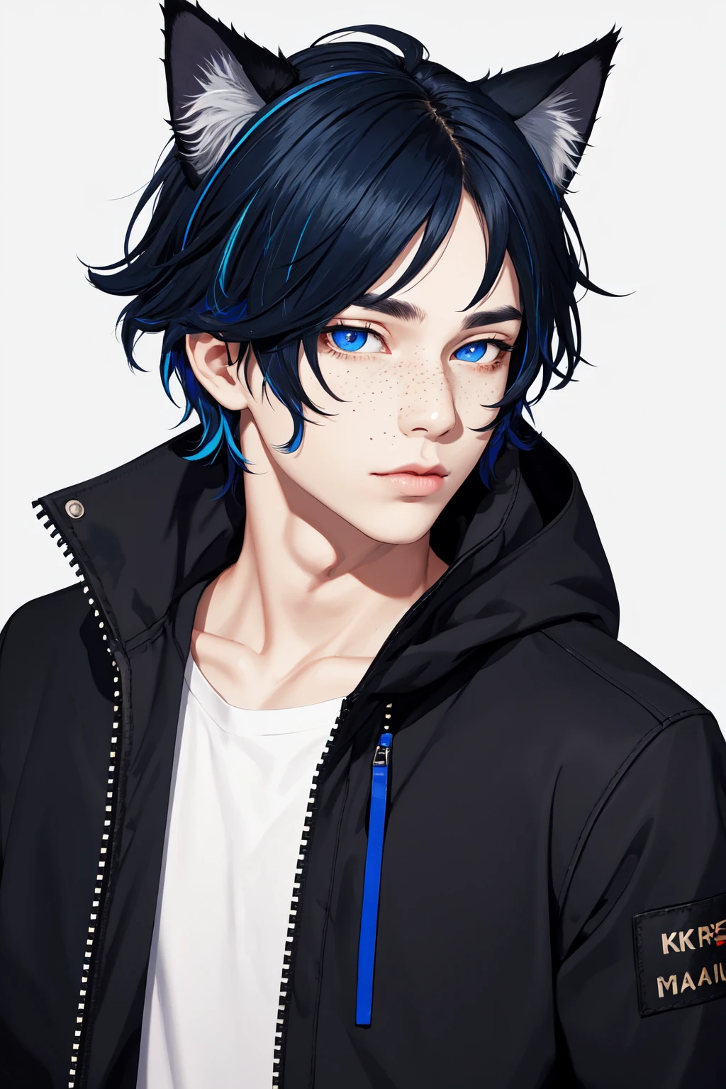 masterpiece, best quality, solo, animal ears, blue eyes, black sclera, colored sclera, black hair, cat ears, multicolored hair, freckles,1boy, jacket, two-tone hair, upper body, blue hair, looking at viewer, male focus, lips, zipper, short hair