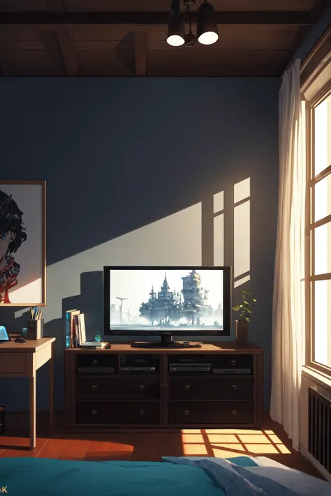 (masterpiece), (best illustration),(no humans), anime background, gaming bedroom, television with large computer, ring lighting , rim lighting,(extremely detailed CG unity 8k wallpaper),(masterpiece), (best quality), (ultra-detailed), (best illustration),(best shadow),perfect lighting , perfect anatomy , vivid colors,