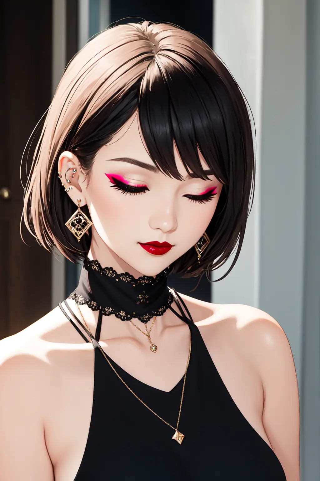 masterpiece, best quality, solo, 1girl, black hair, collar, jewelry, one eye closed, short hair, earrings, piercing, makeup, lipstick, black eyes, ear piercing