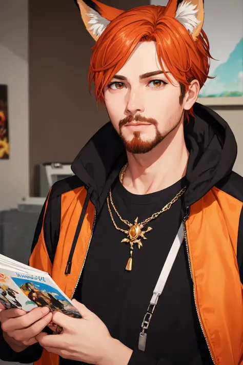 Roiadan Vanzey, Osenayan, (masterpiece, best quality), animal ears, solo, facial hair, 1boy, male focus, fox ears, parody, orange hair, indoors, beard, stubble, looking at viewer, lips, upper body, brown eyes, animification, nose, jacket, cosplay, rule of thirds, comic book style, art by artgerm