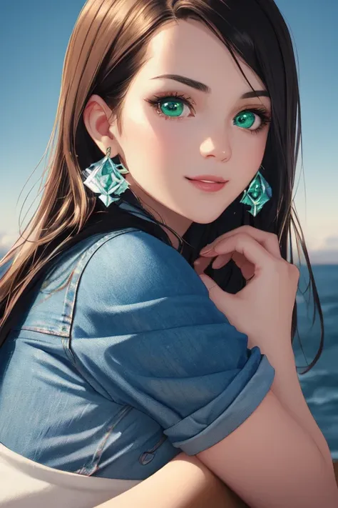 Transgender, (masterpiece, best quality, ultra-detailed, highres),perfect face, sidelighting, lustrous skin,(bloom), (shine), ray tracing, sci-fi, 1girl, solo, wearing a band tshirt, denim jeans,(holographic green eyes),earrings, long_hair,(mature),depth_of_field,very detailed background,extreme light and shadow,(detailed eyes), (beautiful) beautiful detailed eyes, (seductive smirk), island scene background, perfect lighting , perfect anatomy, upper body ,close up , pov
