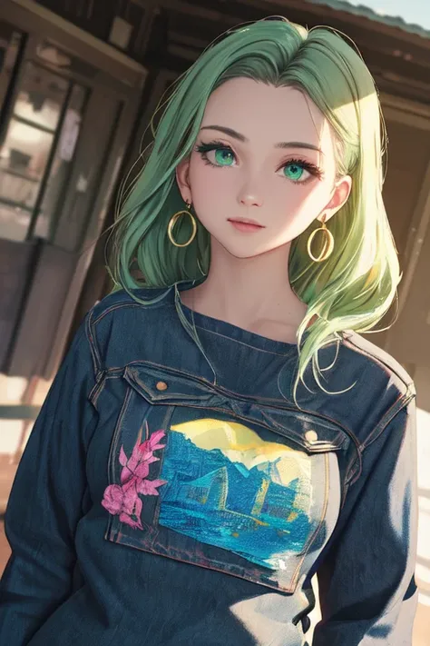 Transgender, (masterpiece, best quality, ultra-detailed, highres),perfect face, sidelighting, lustrous skin,(bloom), (shine), ray tracing, sci-fi, 1girl, solo, wearing a band tshirt, denim jeans,(holographic green eyes),earrings, long_hair,(mature),depth_of_field,very detailed background,extreme light and shadow,(detailed eyes), (beautiful) beautiful detailed eyes, (seductive smirk), island scene background, perfect lighting , perfect anatomy, upper body ,close up , pov