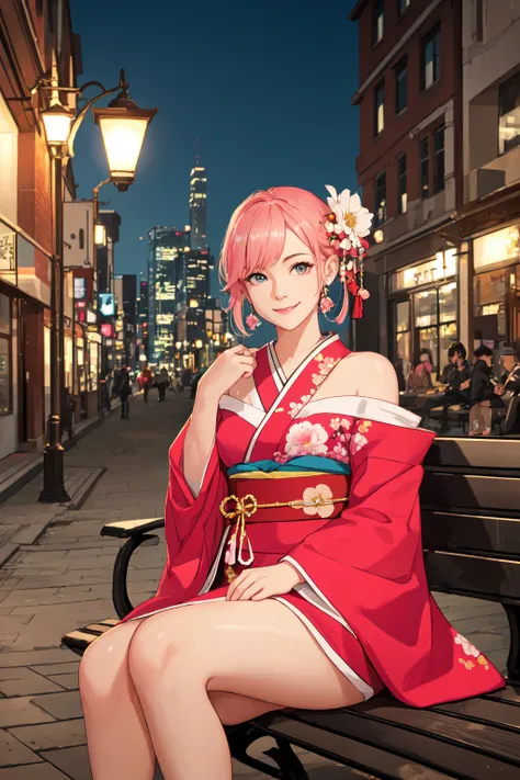 perfect face, side lighting, lustrous skin,(bloom), (shine), lighting, ray tracing, sci-fi, 1 girl, solo,(smile),(Pink hair), hair ornament, (Kimono), (sitting on the bench:1.2),(upper body), (smile),(looking at viewer:1.1), japanese red and white dress, long sleeves, bare shoulders, bare legs, medium breasts, long sleeves, an ornament on the chest,outdoors, (cityscape:1.5),streets,lamppost,