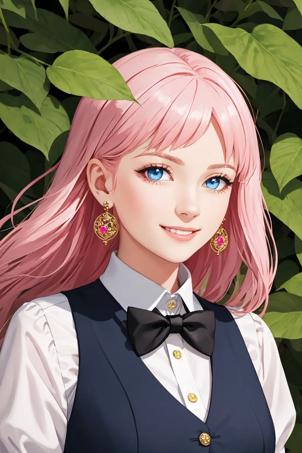 masterpiece, best quality, best illustration, solo, pink hair, 1girl, jewelry, earrings, bow, long hair, bowtie, smile, blue eyes, leaf, upper body, vest,