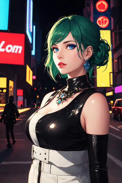 (masterpiece), (best illustration), lighting, ray tracing, sci-fi, city, outdoor, 1girl, solo, blue eyes, solo, green hair, looking at viewer, lips, large breasts, gloves, makeup, earrings, jewelry, lips,
upper body, holding, looking at viewer, depth_of_field, synthwave, city punk, ring lighting , rim lighting,(extremely detailed CG unity 8k wallpaper),(masterpiece), (best quality), (ultra-detailed), (best illustration),(best shadow),perfect lighting , perfect anatomy , vivid colors,