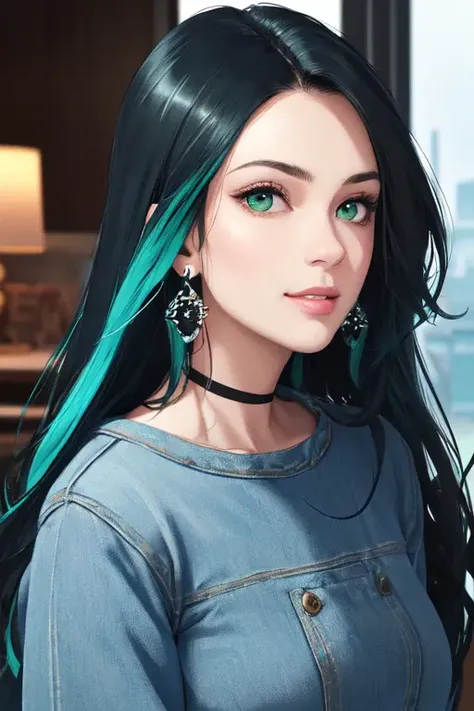 Transgender, (masterpiece, best quality, ultra-detailed, highres),perfect face, sidelighting, (bloom), (shine), ray tracing, sci-fi, 1girl, solo, (two tone hair), blue hair, black hair, wearing a band tshirt, denim jeans,(green eyes),earrings, long_hair,(mature),depth_of_field,very detailed background,extreme light and shadow,beautiful detailed eyes, (seductive smirk), island scene background, upper body ,close up , pov
