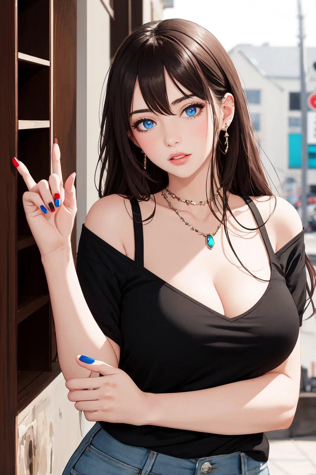 (masterpiece), best quality, 1girl, middle finger, solo, blue eyes, brown hair, long hair, breasts, large breasts, lips, black shirt, shirt, jewelry, looking at viewer, piercing, nail polish, bare shoulders