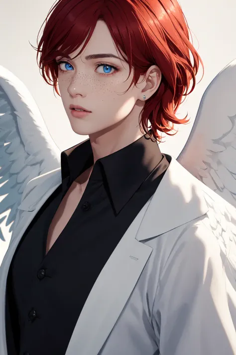 (masterpiece, best quality, ultra-detailed, highres), perfect face, sidelighting, lustrous skin,(bloom), (shine), lighting, ray tracing, sci-fi, 1boy, male focus, (european), (man in his 30s), wings, solo, shirt, freckles, feathered wings, red shirt, angel wings, blue eyes, parted lips, looking at viewer, red hair, white wings, realistic, open clothes, open shirt, upper body, short hair, angel, auburn hair, depth_of_field, very detailed background, highly detailed background, Masterpiece, Ultra detailed, great composition, (close up), extremely delicate and beautiful,(Highest picture quality), (Master's work), depth of field, solo, extreme light and shadow, masterpiece, living room scene:1, rich in detail,(highest quality), (masterpiece), (detailed eyes), (beautiful) detailed, beautiful detailed eyes, (straight-on), portrait:1, (extremely detailed CG unity 8k wallpaper),(masterpiece), (best quality), (ultra-detailed), (best illustration),(best shadow),perfect lighting , perfect anatomy , vivid colors,