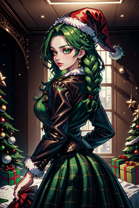 Mrs Claus,  skindentation,  gossamer,  Woman in a green victorian costume,  leather jacket,  retro theme,  braids,  makeup,  eyeliner,  santa hat,  plaid green full skirt,  christmas theme,  inked lines,  best illustration,  officical art,  green, gothic, action pose, femme,  teamgreenstyle,  dynamic angle,  semi realistic,  2.5d,  side lighting,  LUT movie style,  back lighting,  magic,  Rembrandt lighting,  Santa Overlords Style,  holidayxl style , vantage point, kemonomimi, 4 point perspective, indoors <lora:TeamGreenStyle:0.5>, <lora:SantaOverlordsStyle:0.3>, <lora:HolidayIdidalittlebit:0.25>