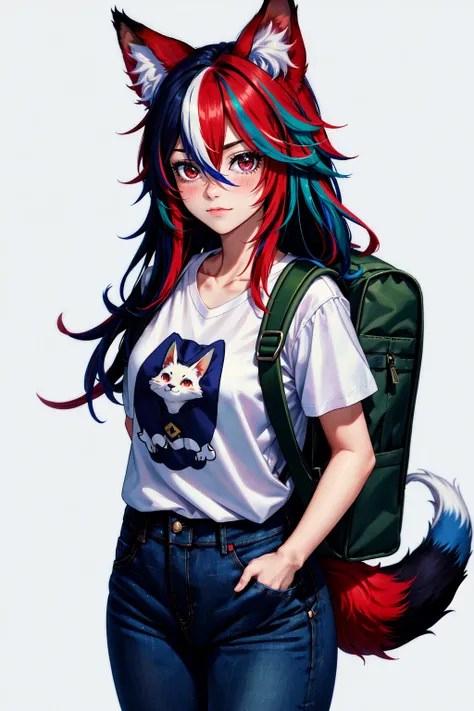 1girl, animal ear fluff, animal ears, backpack, bag, blue hair, blue pants, blush, closed mouth, collarbone, denim, fox tail, green hair, hair between eyes, jeans, long hair, looking at viewer, pants, print shirt, red eyes, red hair, shirt, short sleeves, simple background, solo, streaked hair, tail, white background, white shirt
