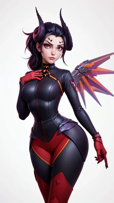 (1girl, solo, masterpiece, 4k, best quality:1.2, ((cowboy shot)), best quality:1.2, NICE HANDS, COLORFUL, (perfect hands, perfect anatomy)),
devilmercy, black hair, demon horns, forehead mark, black sleeves, red bodysuit, long sleeves, red gloves, black leggings, armor, red boots, mechanical wings,
((medium breasts, big hips, looking at the viewer)), sexy toon, red eyes, (arms up, hands behind head),
((simple background, white background)),
<lora:GoodHands-vanilla:0.7>