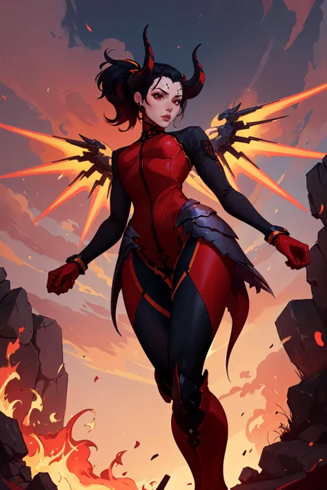 (masterpiece,best quality,absurdres,beautiful,aesthetic,detailed),from below,floating in midair,red sky,fire,1girl,devilmercy, black hair, demon horns, forehead mark, black sleeves, red bodysuit, long sleeves, red gloves, black leggings, armor, red boots, mechanical wings,serious <lora:devilmercy-nvwls-v1:0.9>