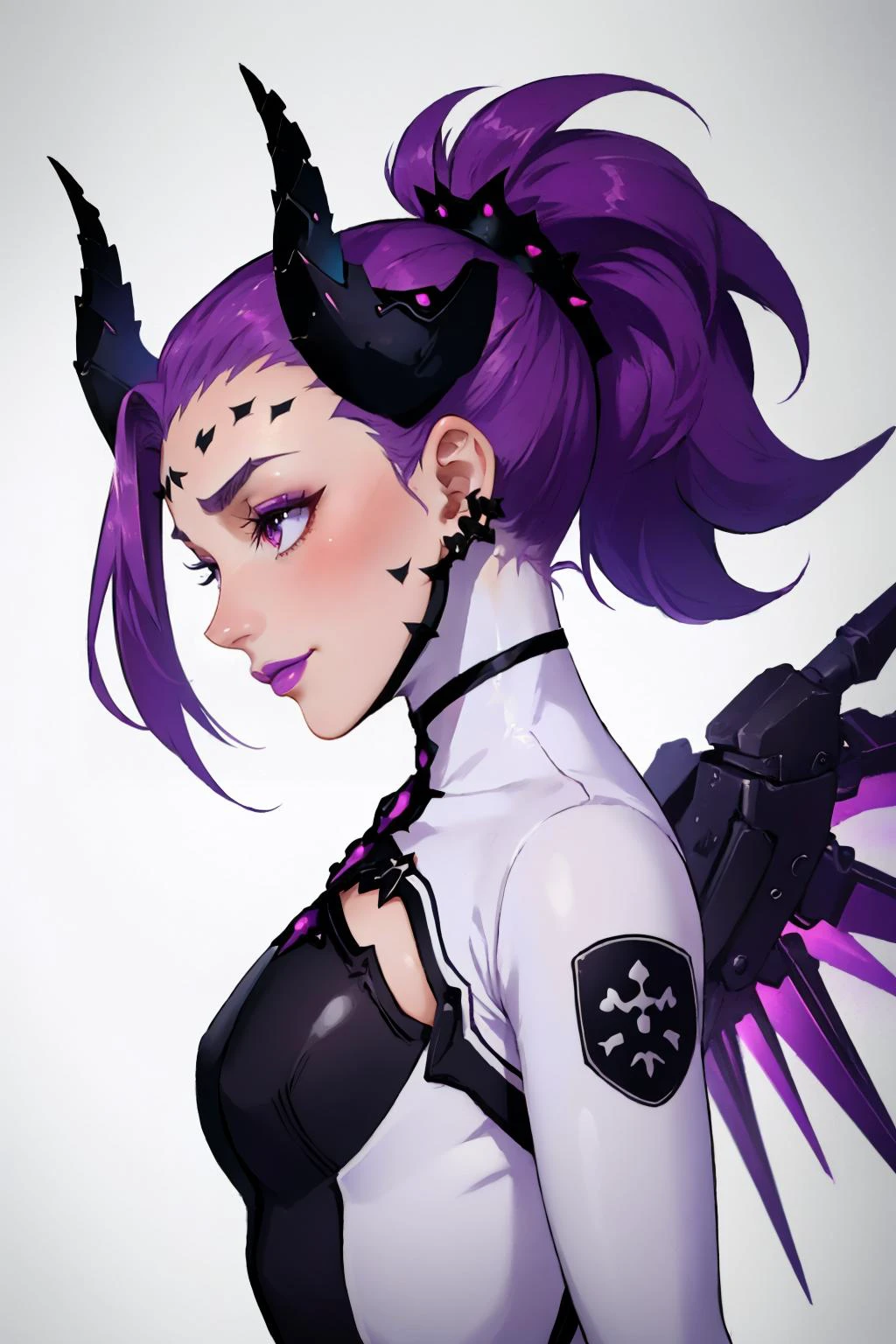 masterpiece, best quality, <lora:devilmercy-nvwls-v1-000008:0.9> impmercy, purple hair, demon horns, forehead mark, black and white bodysuit, long sleeves, black gloves, white leggings, purple wings, profile, furrowed brow, smile, purple lipstick, black background, abstract background