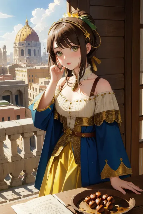 1girl, artistic Physically based render, intricate background, medium close-up shot of a Libyan ([Chestnut|Seaweed] of Longing:1.3) , the Chestnut is very Chibi and Sparse, it is covered in Jewels, it is engraved with Chic and Oversized details, from inside of a Varied Colosseum, winter cityscape with Ginkgo, Sun in the sky, Wide view, Maximalist, Relieving, Art Brut, soft light, 800mm lens, Film grain, halftone texture, Charcoal and Lime green flakes, arthouse, lots of details, scene