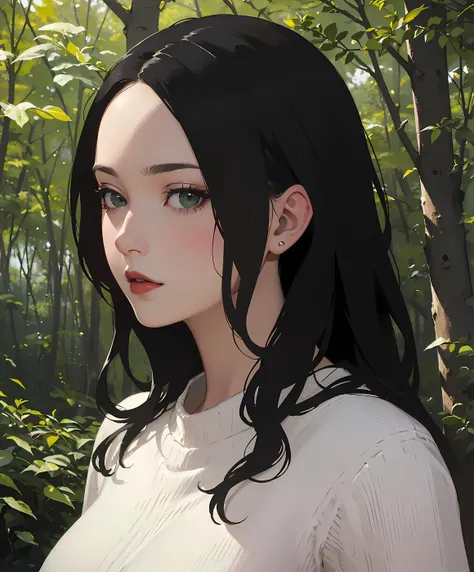(masterpiece, top quality, best quality, official art, beautiful and aesthetic:1.2),
1girl, adult woman,
close up shot ,
dynamic pose ,
black hair , long curly hair ,
medium breasts,
nsfw,
knit sweater ,
lips closed, subtle lipstick,
normal face , ,
green eyes, beautiful eyes, staring into my soul, looking at viewer, ,
,
side view ,
studio ghibli style ,
forest background ,
<lora:add_detail:-1.5>