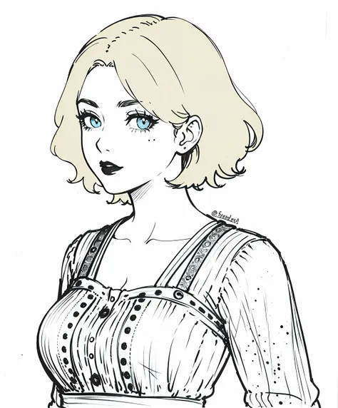 (masterpiece, top quality, best quality, official art, beautiful and aesthetic:1.2),
1girl, adult woman,
upper body photo ,
unique angle view ,
blonde hair, blonde eyebrows , short hair ,
medium breasts, ,
seductive ,
sundress ,
lips closed, subtle lipstick,
happy , freckles ,
golden eyes , beautiful eyes, staring into my soul, looking at viewer, ,
anime ,
side view ,
Pencil sketch, intricately detailed, rich shadows,
simple color background ,
<lora:add_detail:-2>
<lora:animeoutlineV4_16:1>