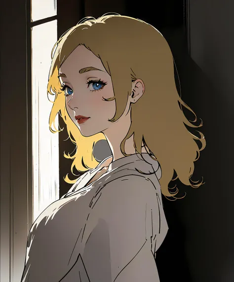 (masterpiece, top quality, best quality, official art, beautiful and aesthetic:1.2)
1girl, adult woman, medium breasts, lips closed,
upper body photo,
leaning left,
blonde hair, (blonde eyebrows), shoulder length curly hair,
seductive,
night dress,
lipstick,
slight smile,
golden eyes , beautiful eyes, looking away,
side view,
professional photograph of a perfect and mysterious still by Masamune,
in a resort,
<lora:add_detail:-2>
<lora:animeoutlineV4_16:1>