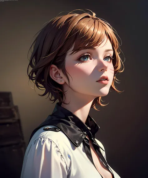 (masterpiece, top quality, best quality, official art, beautiful and aesthetic:1.2)
1girl, adult woman, medium breasts, lips closed, beautiful eyes,
unique angle view,
ginger hair, short hair,
london clothes,
hazel eyes,
looking away,
anime,
facing sideways,
In Casey Baugh's evocative style,