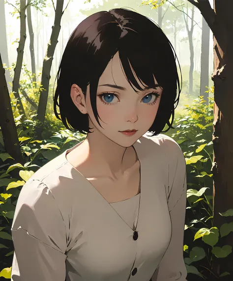 (masterpiece, top quality, best quality, official art, beautiful and aesthetic:1.2),
1girl, adult woman,
medium shot ,
unique angle view ,
colorful hair , short hair ,
medium breasts, ,
seductive ,
stylish clothes ,
closed mouth, subtle lipstick, 
slight smile , ,
blue eyes , beautiful eyes, staring into my soul, looking at viewer, , 
,
facing sideways  ,
in the style of  Tatsuki Fujimoto ,
forest background ,
<lora:add_detail:-2> 
<lora:msw_locon:1>