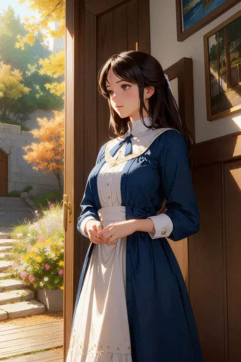 1girl, (landscape art designed by Jules Breton:0.9) , awardwinning, intricate background, angle from below of a Untidy Basic ("Don't you forget about me, don't, don't, don't, don't.":1.3) , background is Unnatural cafeteria, dense hillside with Red oak, Spring, in focus, Ultrarealistic, Suffering, concept art, Arts and Crafts Movement, hair light, Depth of field 100mm, two colors, rpg concept art, intricate details, lots of details, octane engine, dressed in preppy style, Collegiate, fantasy