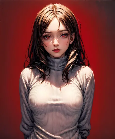 (masterpiece, top quality, best quality, official art, beautiful and aesthetic:1.2)
1girl, adult woman, medium breasts, lips closed,
upper body photo,
hands behind back,
brown hair, long hair,
nsfw,
knit sweater,
subtle lipstick,
model face,
red eyes , beautiful eyes, staring into my soul, looking at viewer,
beautiful painting,
simple color background,
<lora:add_detail:1.5>