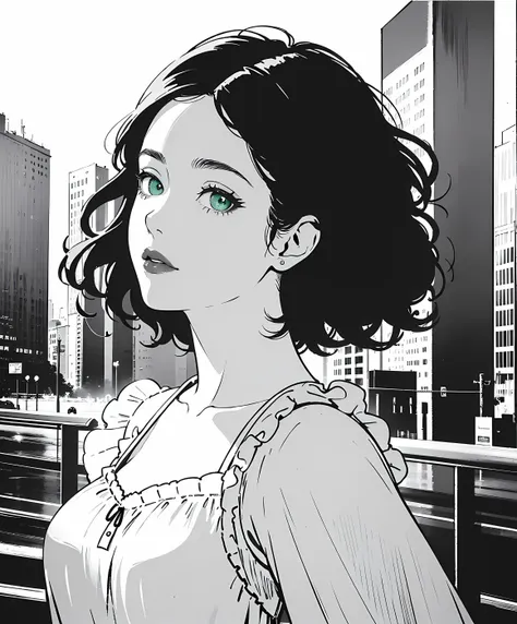 (masterpiece, top quality, best quality, official art, beautiful and aesthetic:1.2),
1girl, adult woman,
close up photo ,
dynamic pose ,
brown hair , shoulder length curly hair ,
medium breasts, ,
seductive ,
night dress ,
lips closed, subtle lipstick,
normal face , ,
green eyes, beautiful eyes, looking away,
asian ,
side view ,
in the style of Kentaro Miura ,
city background ,
<lora:add_detail:-2>
<lora:animeoutlineV4_16:1>