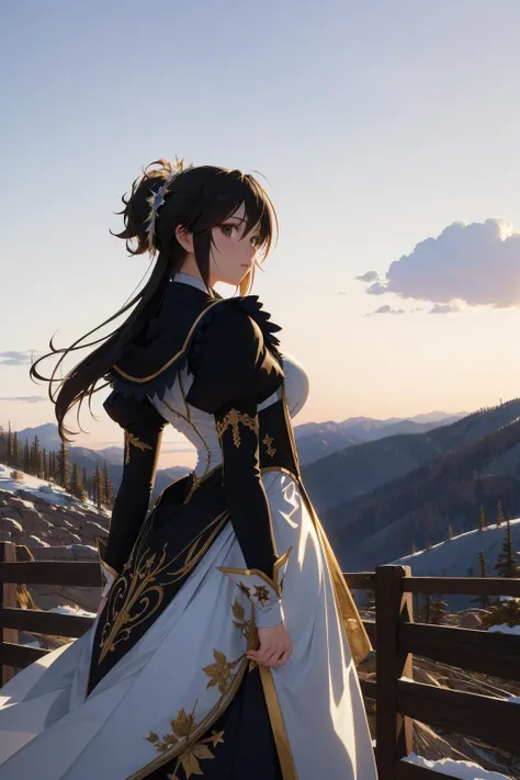 1girl, (designed by Jeremy Geddes:0.7) , dark art, artistic Anime, lovely Marbling, 8k still life of a hyper detailed, landscape of a Unsightly Level ([Nature reserve:Kings Canyon National Park:4]:1.3) in the distance there is a Mosfilm Tower, majestic, warm city and Planet Saturn in background, Snowy, Fairy-Tale, intricate background, Qajar Art, back-light, F/8, Desaturated, Embroidery, stylized, Flickr, arthouse