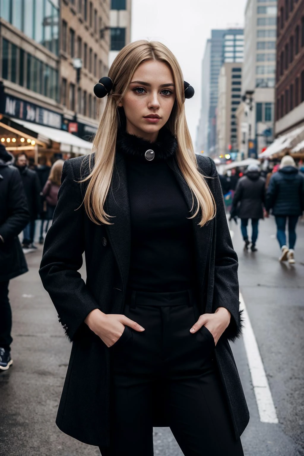 cynthia,long blonde hair, hair ornament, hair over one eye, grey eyes, black coat, black pants,fur collar, looking at viewer, serious, standing, medium shot, outside, city, market, crowd, overcast, winter, high quality, masterpiece, <lora:cynthia pokemon by Goofy Ai:.8>