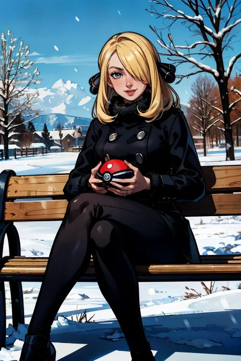 cynthia,long blonde hair, hair ornament, hair over one eye, grey eyes, fur collar, black coat, black pants, looking at viewer, serious, smiling, sitting, on bench, legs crossed, holding a poke ball, trees, snow, winter, blue sky, cityscape, high quality, masterpiece, <lora:cynthia pokemon by Goofy Ai:.8>