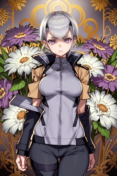 solo, mature female, scared, light grey hair, crew cut, dark purple eyes, beige jacket, glttering light, Ageratum_houstonim \(flower\), floral background <lora:choco_(chocolate_shop)_style_v01:1>