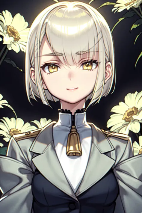 solo, mature female, happiness, yellow hair, bob cut, cream eyes, light grey cropped jacket \(bolero\), no light, Ammi_majus \(flower\), floral background <lora:choco_(chocolate_shop)_style_v01:1>