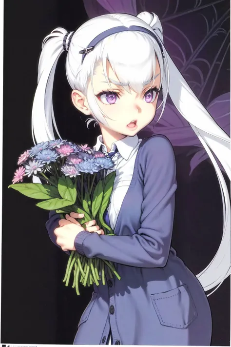 solo, mature female, shocked, white hair, uneven twintails, purple eyes, blue cardigan, night, Spider_Mums \(flower\), floral background <lora:choco_(chocolate_shop)_style_v01:0.9>