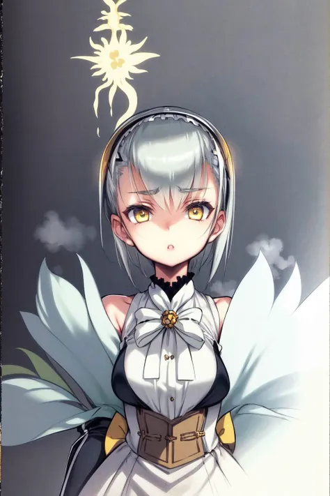 solo, mature female, surprised, light grey hair, hime cut, yellow eyes, cream tailcoat, foggy atmosphere, Big_Flax \(flower\), floral background <lora:choco_(chocolate_shop)_style_v01:1>