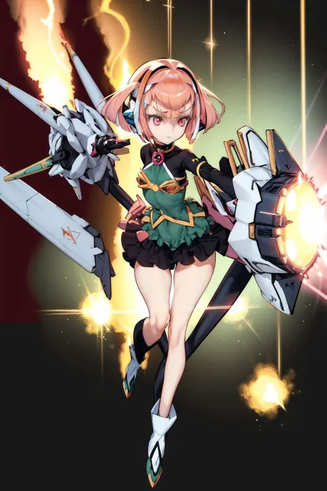 solo, mature female, mecha musume, sadness, pink hair, blunt bangs, pink eyes, dark green sash, lens flare, Blazing_Star \(flower\), floral background <lora:choco_(chocolate_shop)_style_v01:1>