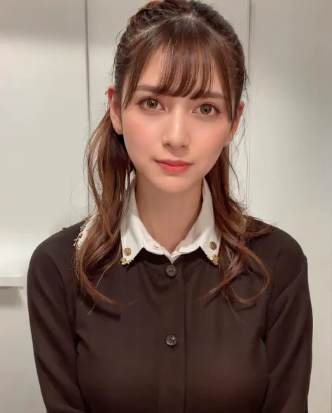 best quality, photorealistic, 8k, high res, 1girl, woman, (skindentation), (professional lighting), (portrait:0.6), (buttoned office shirt:1.64), (white choker:1), gorgeous, ((brown hair)), (ponytail hair:1.6), (flowing hair:1.6), (1girl eyes looking at viewer:1), ((looking at viewer:1.6)), (1girl looking at the camera), photorealistic, (bokeh), (portait:0.6), (dynamic pose:1.2), masterpiece, intricate, realistic, sharp focus, award-winning photograph, sfw, (smile:1.45), <lora:angela:0.75>