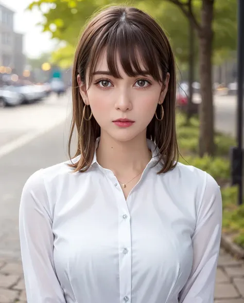 ((Best Quality, 8K, Masterpiece: 1.3)), Sharp Focus: 1.2, A Beautiful Woman with Perfect Figure: 1.4, Slim Abs: 1.2, (Layered Hairstyle,: 1.2)), (Wet White Button Long Shirt: 1.3), Rain: 1.3, Street: 1.2, Wet Body: 1.1, Highly Detailed Face and Skin Texture, Detailed Eyes, Double Eyelids, Big Breasts, Smile,