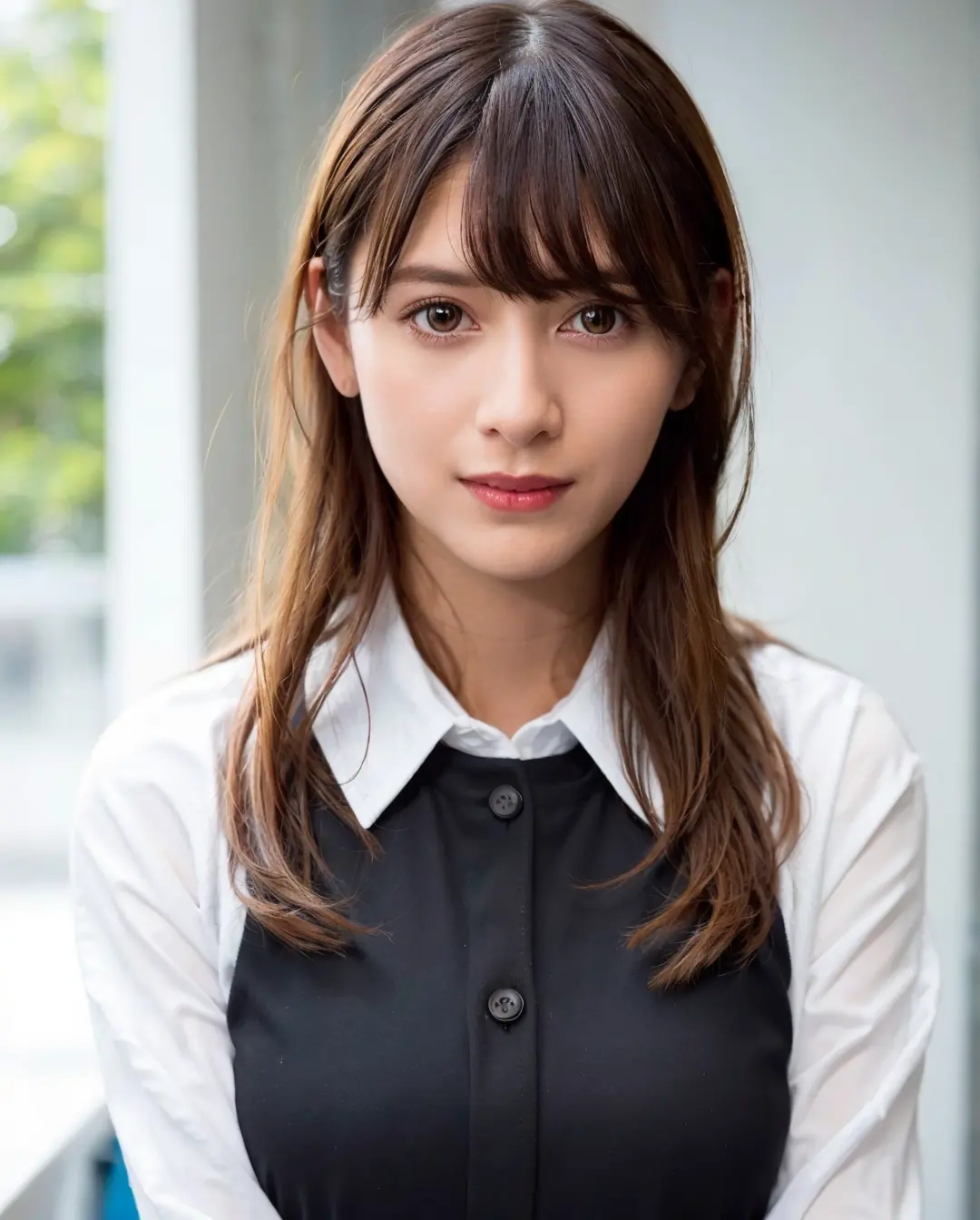 best quality, photorealistic, 8k, high res, 1girl, woman, (skindentation), (professional lighting), (portrait:0.6), (buttoned office shirt:1.64), (white choker:1), gorgeous, ((black hair)), (short straight hair:1.4), (flowing hair:1.6), (1girl eyes looking at viewer:1), ((looking at viewer:1.6)), (1girl looking at the camera), photorealistic, (bokeh), (portait:0.6), (dynamic pose:1.2), masterpiece, intricate, realistic, sharp focus, award-winning photograph, sfw, (smile:1.5), <lora:angela:0.75>