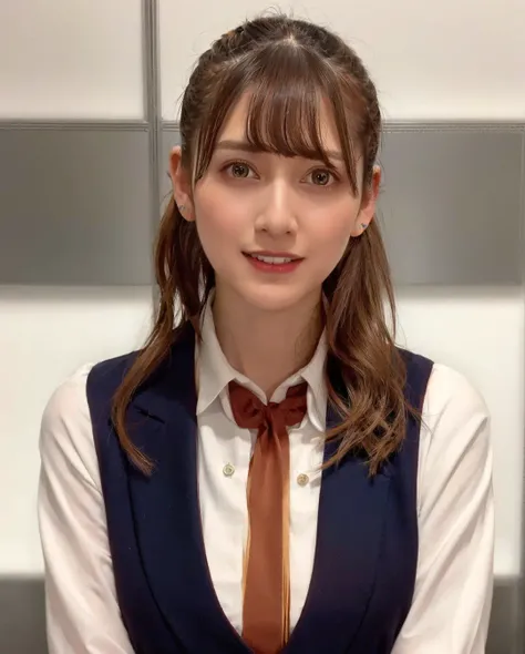 best quality, photorealistic, 8k, high res, 1girl, woman, (skindentation), (professional lighting), (portrait:0.6), (buttoned office shirt:1.64), (white choker:1), gorgeous, ((brown hair)), (short ponytail hair:1.6), (flowing hair:1.6), (1girl eyes looking at viewer:1), ((looking at viewer:1.6)), (1girl looking at the camera), photorealistic, (bokeh), (portait:0.6), (dynamic pose:1.2), masterpiece, intricate, realistic, sharp focus, award-winning photograph, sfw, (smile:1.4), <lora:angela:0.75>