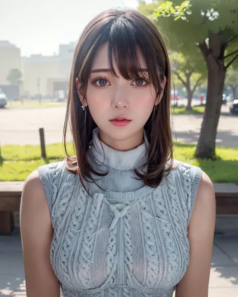 pureerosface_v1:0.3, best quality, photorealistic, 8k, high res, full color, 1girl, woman, 20 years old woman, (closed mouth:1.43), (skindentation), (portrait:0.6), trees, park bench, daylight, ((park background:1.52)), full color, ((necksweater:1.68)), looking at viewer:1.8, (1girl eyes looking at viewer:1.55), (medium-length hair, brownhair, partedbangs:1.45), (bokeh), <lora:AAG-angela:0.65>