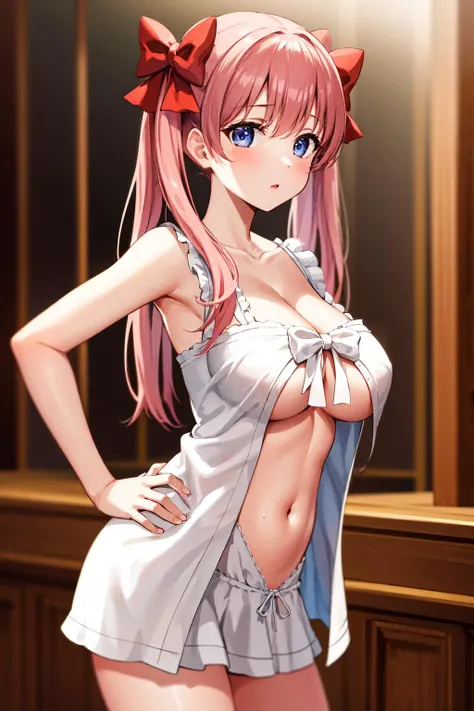 masterpiece, best quality, highres, 1girl, aanodoka, twintails, hair bow, large breasts, collarbone, cleavage, nightgown, sleeveless, underboob, navel, <lora:haramura_nodoka_v1:0.7>, hand on hip, from side, indoors